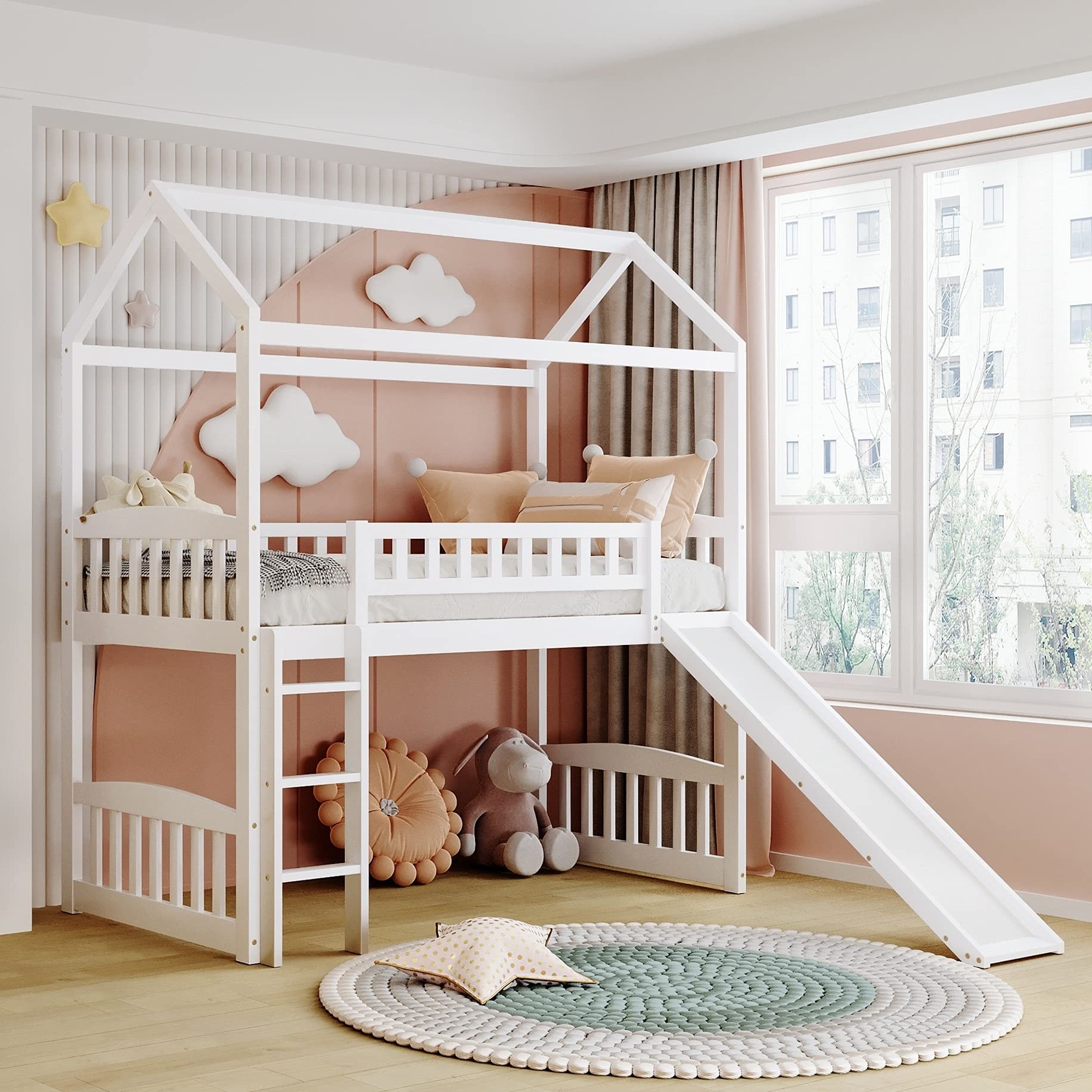 House Loft white Bunk Bed for kids room with Slide