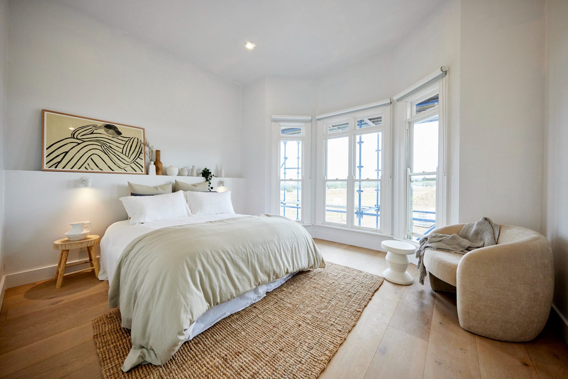 the block 2022 house decider challenge joel and elle bedroom neutral bedding jute rug